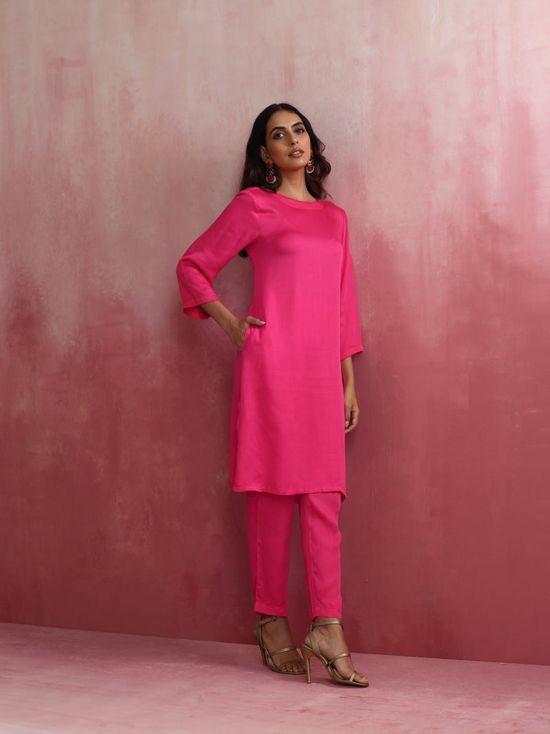 trueBrowns Pink Modal Round Neck Kurta Co-ord Set