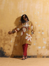 trueBrowns Mustard Rust Red Floral Print Muslin Silk Kurta Co-ord Set