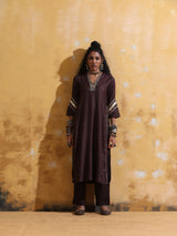 trueBrowns Brown Metallic High-Slit Straight Kurta Set