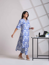 trueBrowns Blue Cotton Ikat High-Low Kurta Pant Set