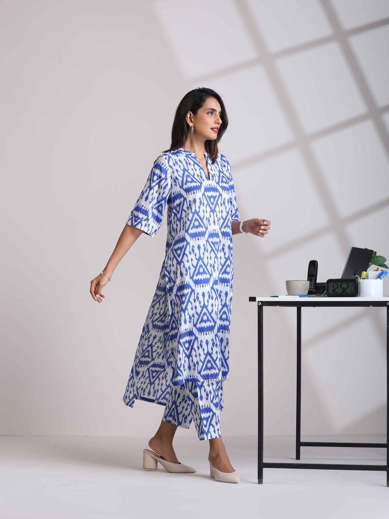trueBrowns Blue Cotton Ikat High-Low Kurta Pant Set