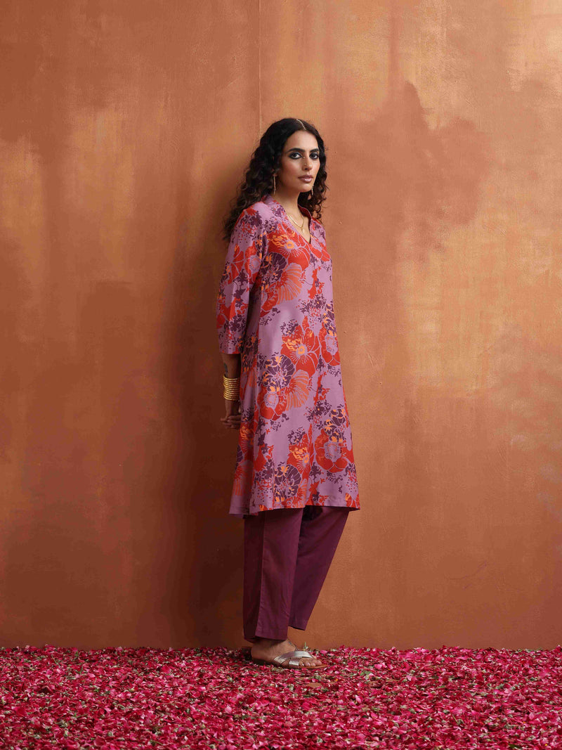 trueBrowns Purple Print Kurta Co-ord Set