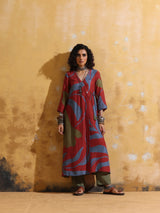 trueBrowns Rust Red Green Floral Print Muslin Silk Angrakha Kurta Set