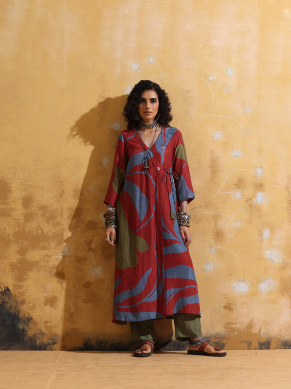 trueBrowns Rust Red Green Floral Print Muslin Silk Angrakha Kurta Set