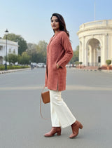 trueBrowns Maroon Check Round V-Neck Top