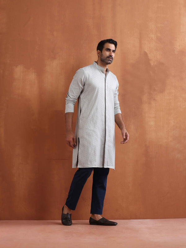 trueBrowns Men's Grey Chanderi Front Open Kurta