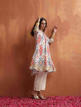 trueBrowns Off White Ikat Print Anarkali Kurta Co-ord Set