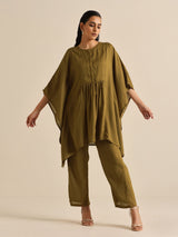 Olive Green Texture Doddy Kaftan Gathered Co-Ord Set