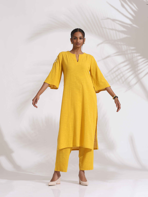 trueBrowns Yellow Cotton Slub Embroidered Straight Kurta Set