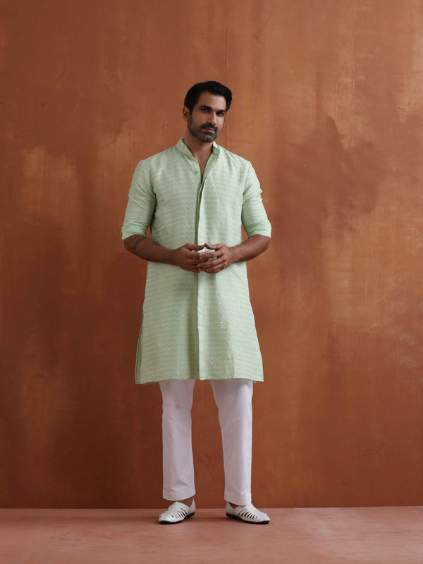 trueBrowns Men's Green Sequin Chanderi Kurta