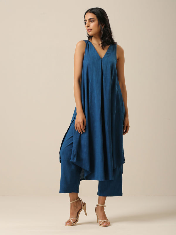 Classic Blue Slub Texture Sleeveless Flared Kurta Pant Set