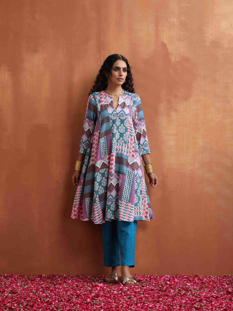 trueBrowns Blue Print Flared Anarkali Kurta Co-ord Set