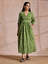 Lime Green Overall Blue Floral Block Print Cotton Wrap Dress