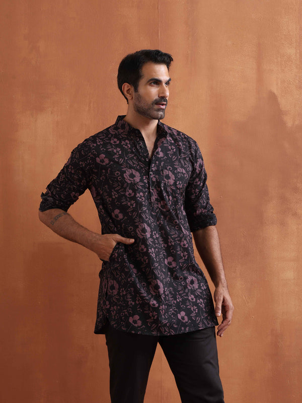 trueBrowns Men's Black Floral Printed Short Kurta