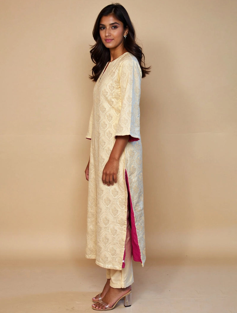 trueBrowns Ivory Brocade Straight High-Slit Kurta Set