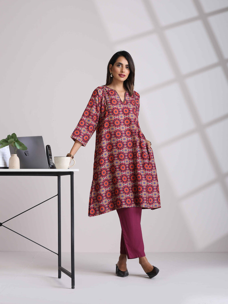 trueBrowns Beige Mandala Print Kurta Co-ord Set