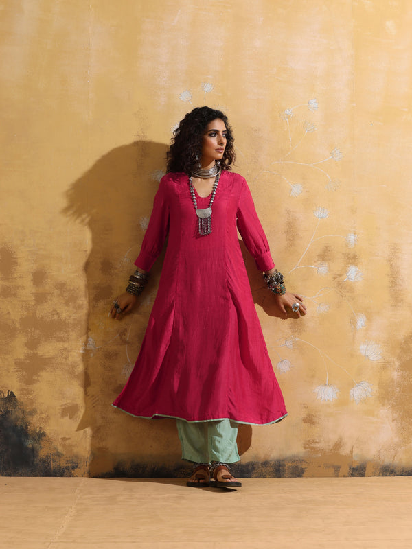 trueBrowns Pink Muslin Silk A-line Kurta Pant Set