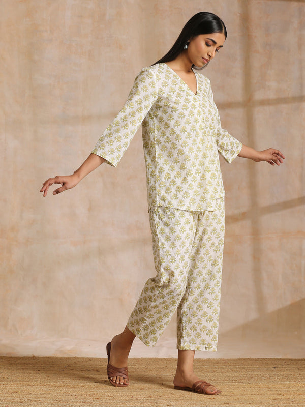 Green Buta On Off-White Block Print Cotton Co-Ord Set