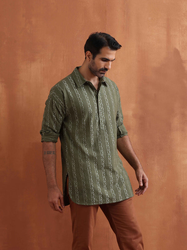 trueBrowns Men's Olive Green Cotton Dobby Short Kurta