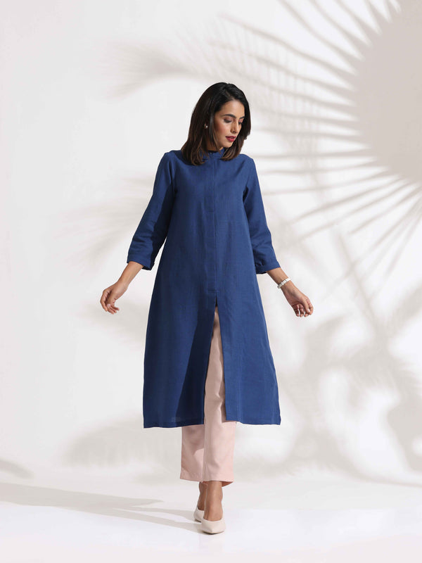 trueBrowns Blue Slub Kurta Set