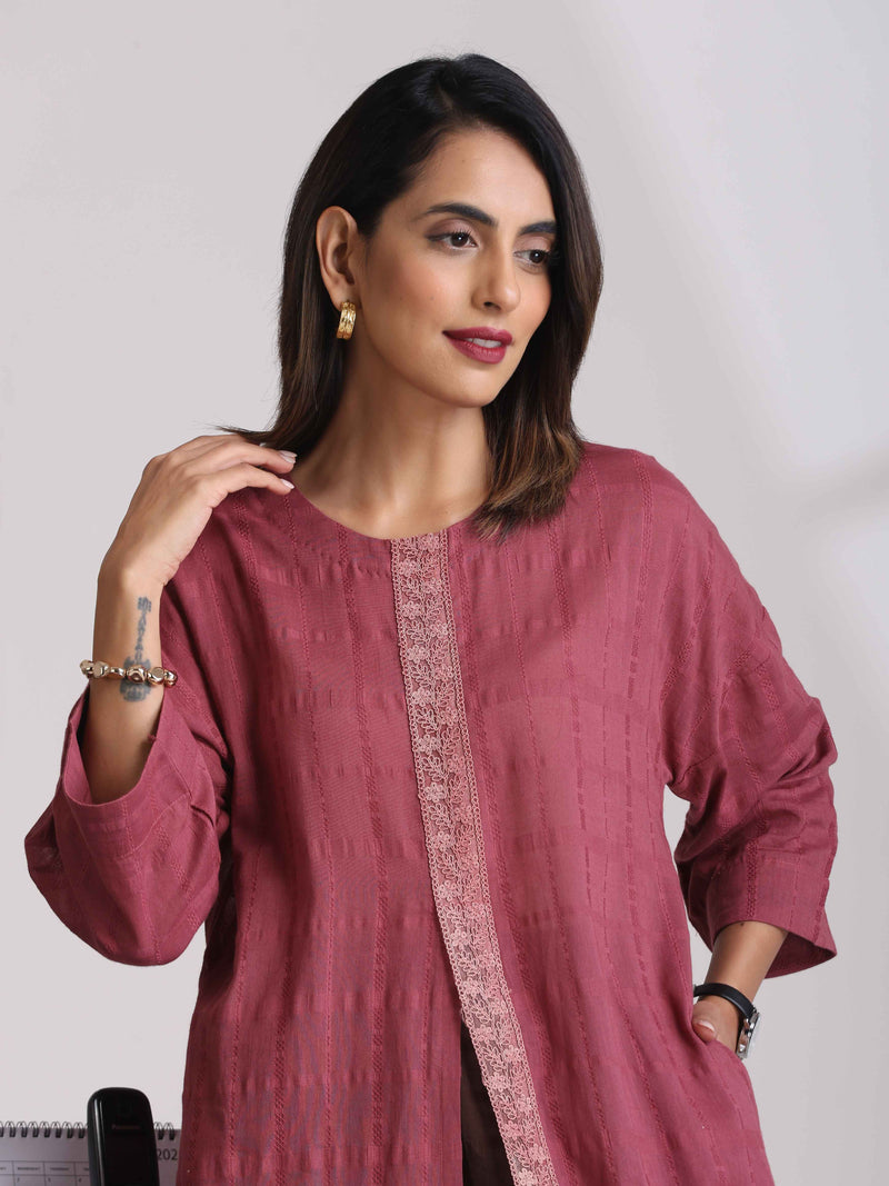trueBrowns Mauve Cotton Dobby Front Slit Kurta Set