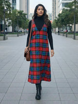 trueBrowns Red Blue Check Sleeveless A-Line Woollen Dress
