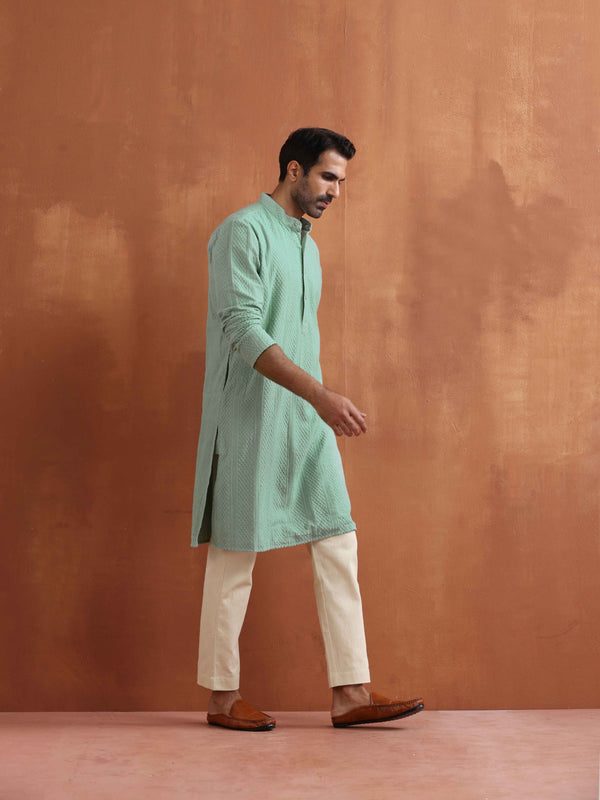 trueBrowns Men's Green Cotton Dobby Kurta