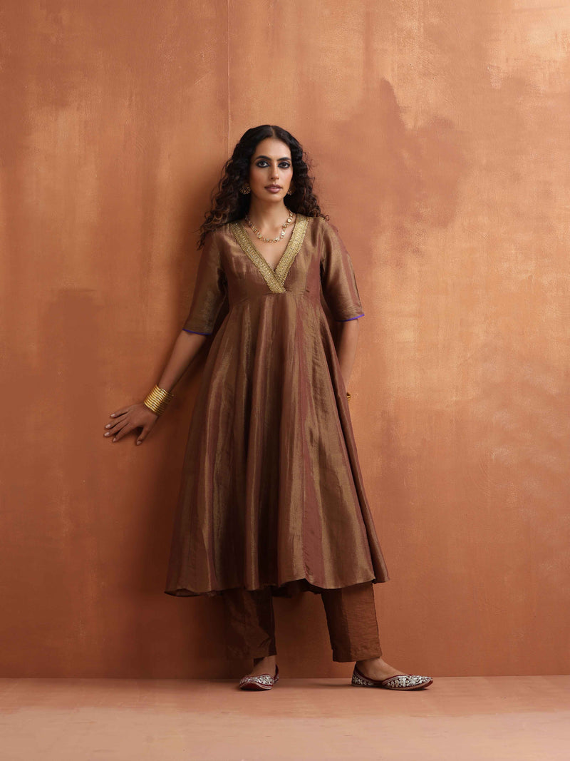 trueBrowns Bronze Tissue Flared Anarkali Kurta Set