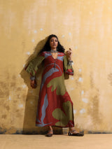 trueBrowns Rust Red Green Floral Print Muslin Silk Straight Maxi Dress