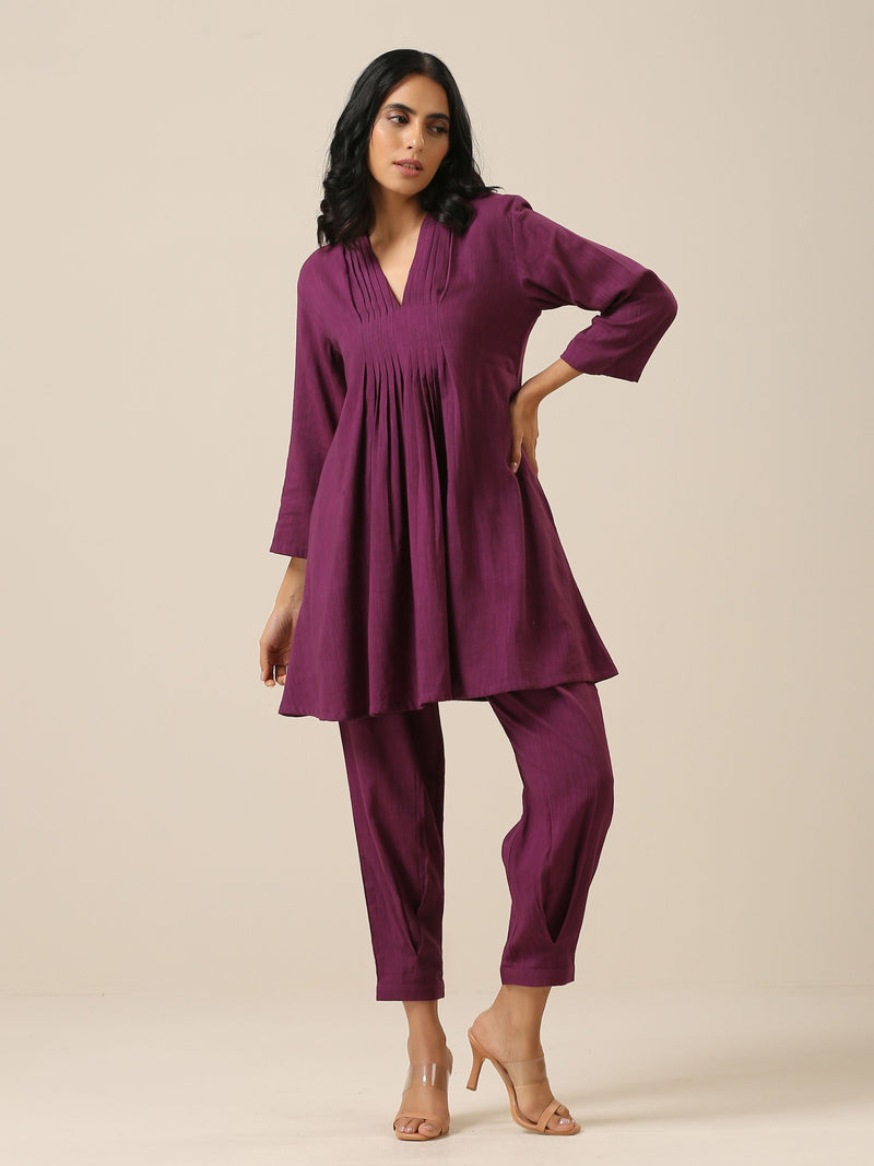 Plum Purple Slub Texture Pleated Co-Ord Set