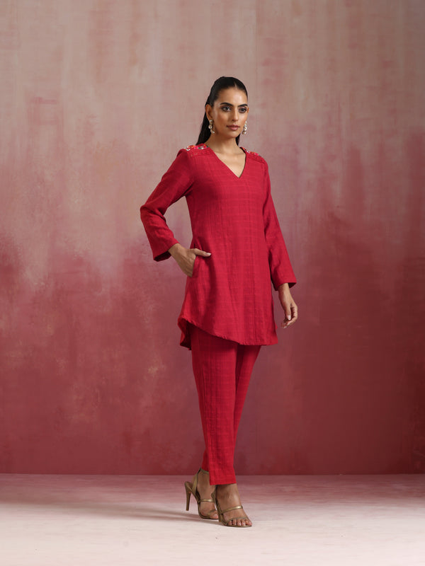 trueBrowns Red Cotton Dobby Kurta Co-ord set