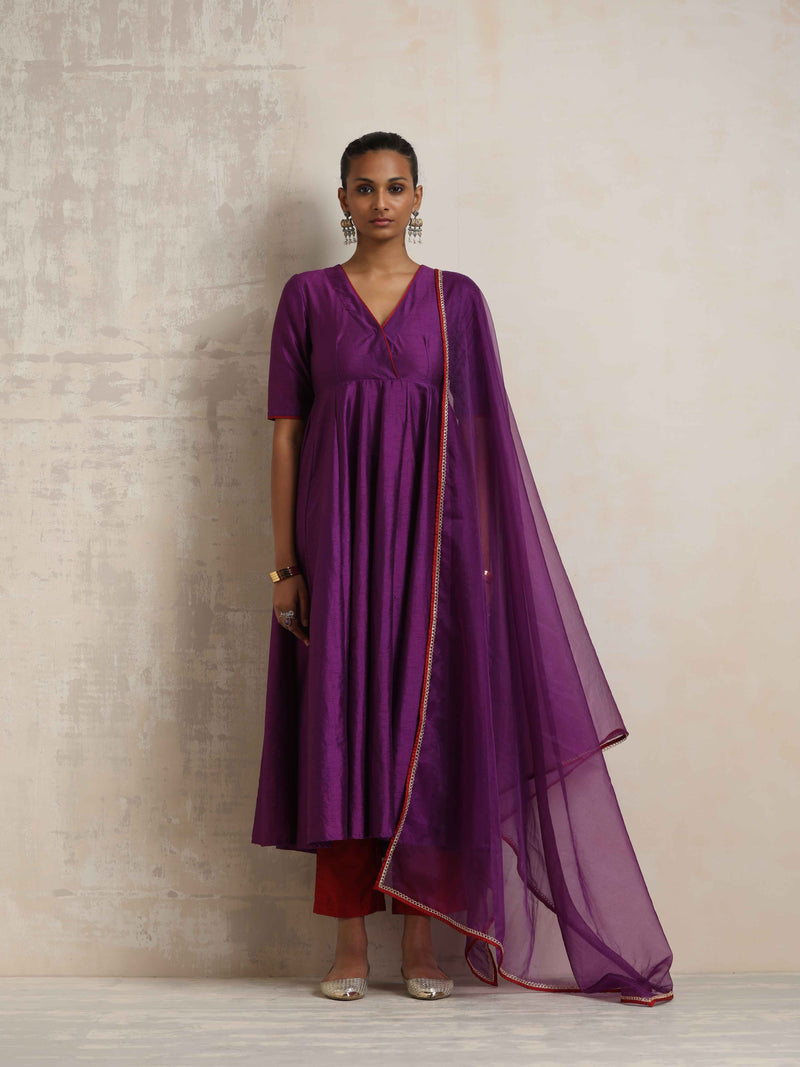 trueBrowns Purple Silk Anarkali Kurta Pant Dupatta Set