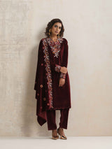 trueBrowns Maroon Velvet Floral Embroidered Kurta Pant Dupatta Set