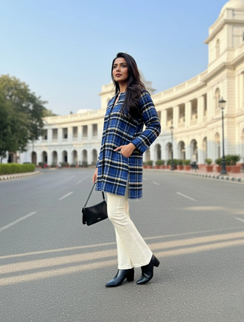 trueBrowns Blue Check Round V-Neck Top