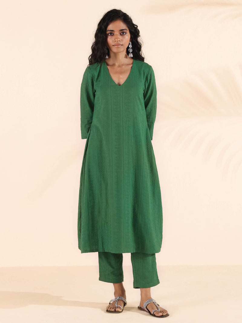 trueBrowns Green Cotton Dobby Kurta Pant Set