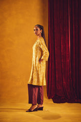 trueBrowns Mustard Gold Foil Print Muslin Silk Fit And Flared Kurta co-ord Set