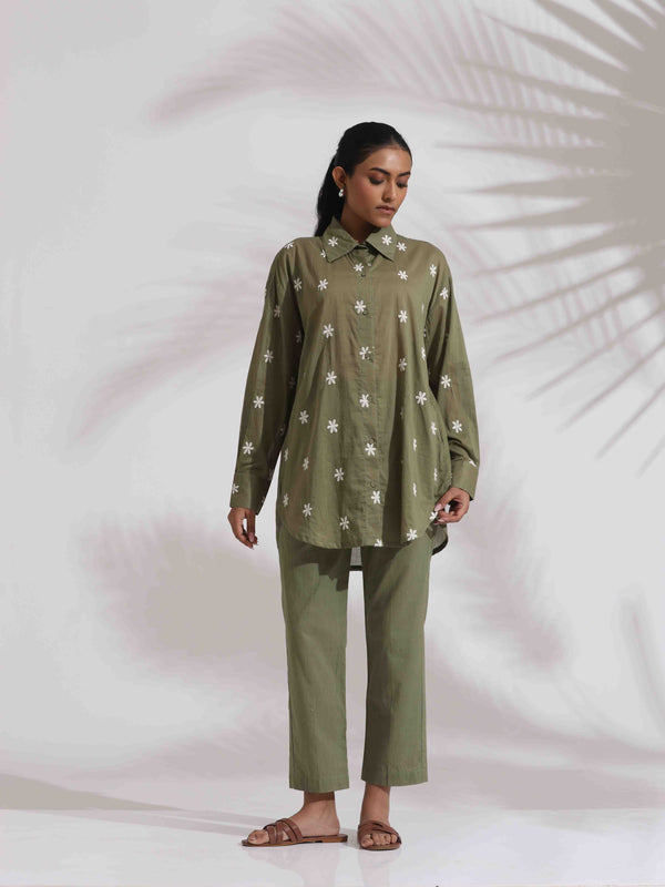 trueBrowns Olive Green Cotton Floral Embroidered Co-ord Set