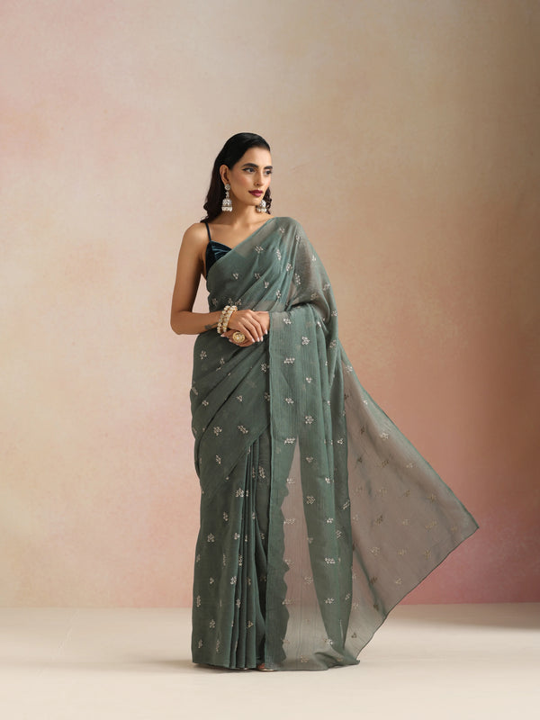 trueBrowns Turquoise All Over Embroidered Saree With Unstitched Blouse