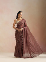 trueBrowns Copper Zari Jaal Embroidered Saree With Unstitched Blouse