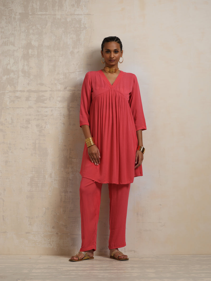 trueBrowns Peach Crinkle Flared Kurta Co-ord Set