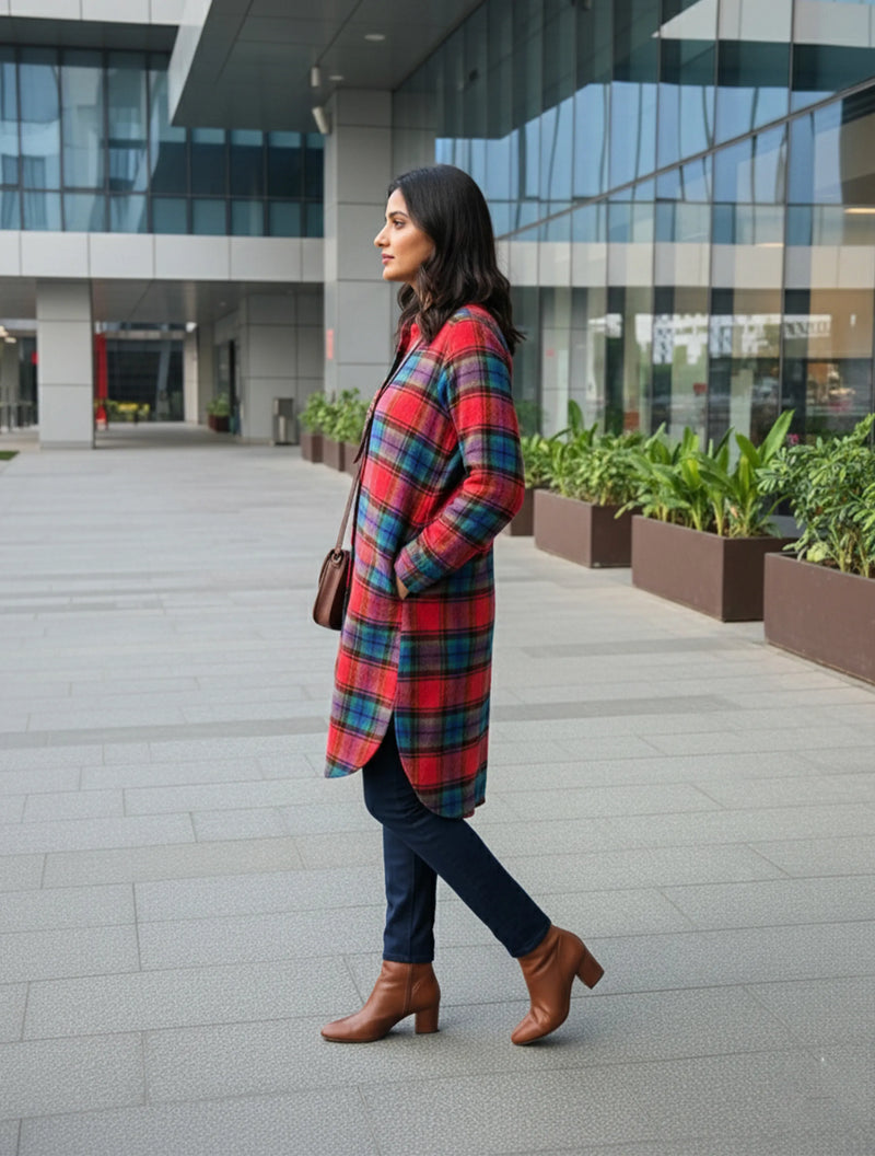 trueBrowns Red Check Shirt Kurta