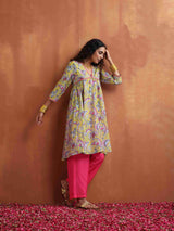 trueBrowns Yellow Print Anarkali Kurta Co-ord Set