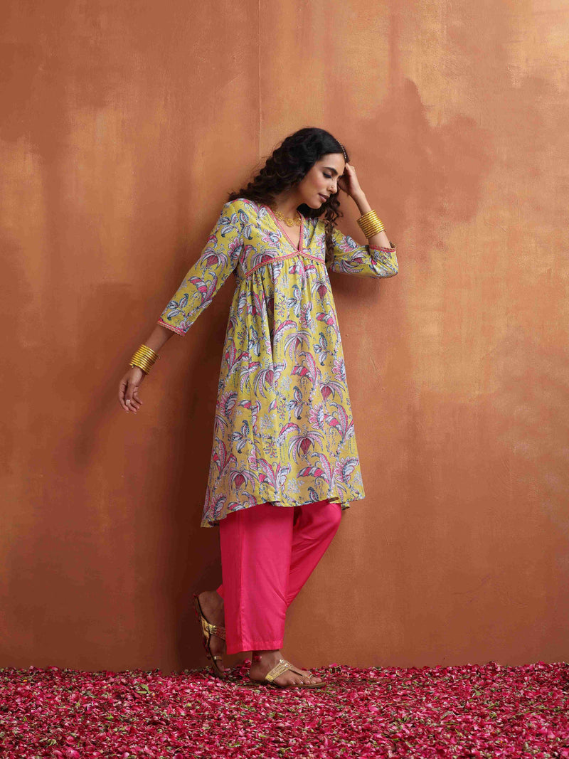 trueBrowns Yellow Print Anarkali Kurta Co-ord Set