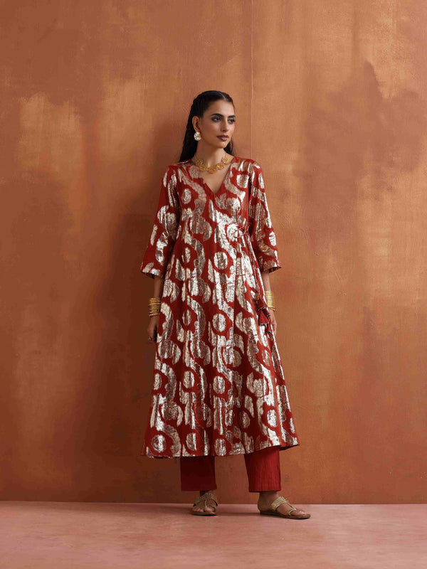 trueBrowns Rust Metallic Angrakha Kurta Set