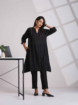 trueBrowns Black Cotton Dobby Kurta Co-ord set
