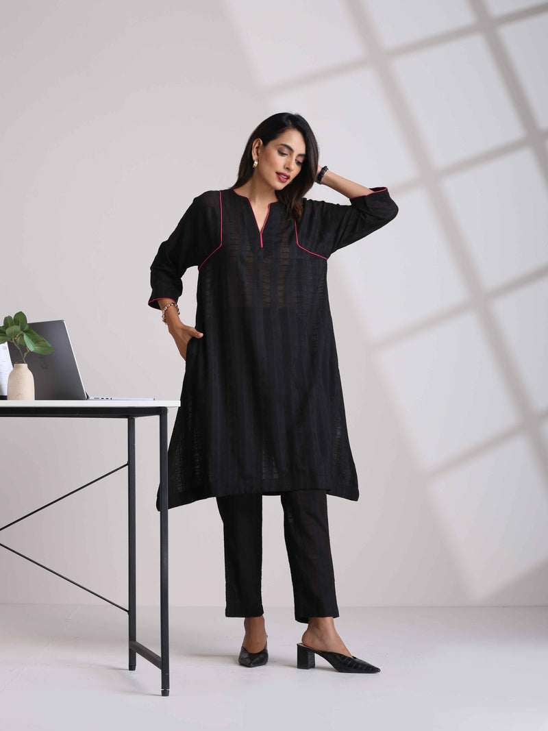 trueBrowns Black Cotton Dobby Kurta Co-ord set