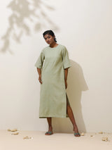trueBrowns Patcholi Green Embroidered Natural Cotton Dress