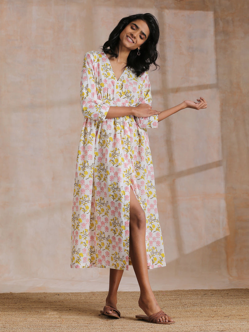 Pink Yellow Floral On White Block Print Cotton Wrap Dress