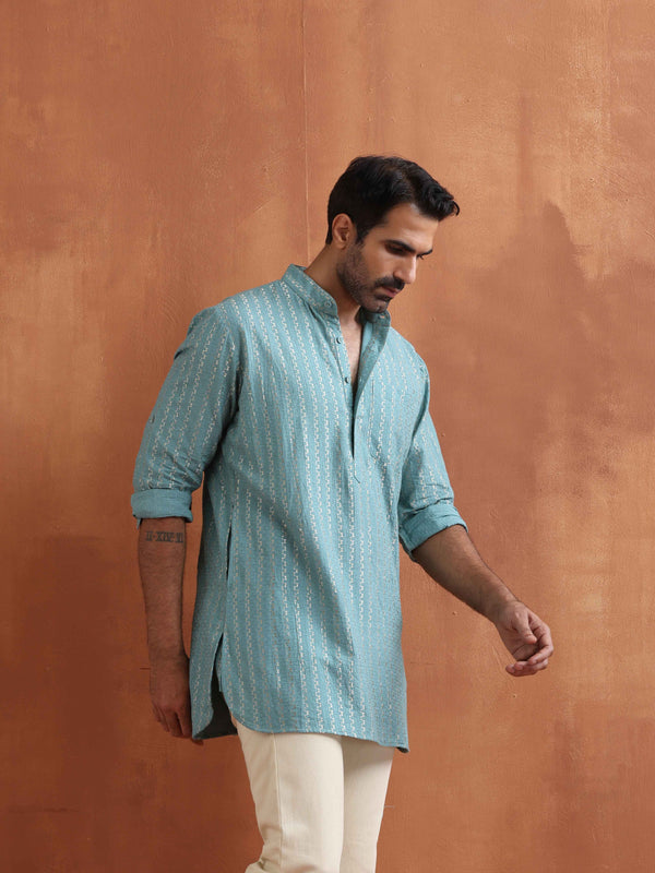 trueBrowns Men's Green Cotton Dobby Short Kurta