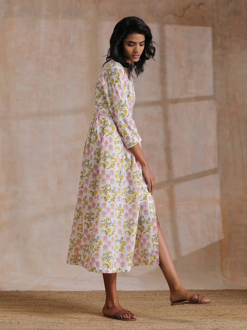 Pink Yellow Floral On White Block Print Cotton Wrap Dress